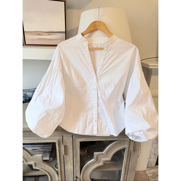 Veronica Beard Aileen Puff Sleeve Poplin Blouse in White Size 10 - Picture 2 of 11